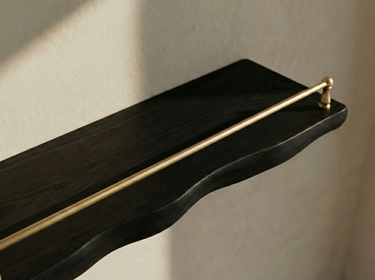 Solid Black Oak Live Edge Shelf with Gallery Rail