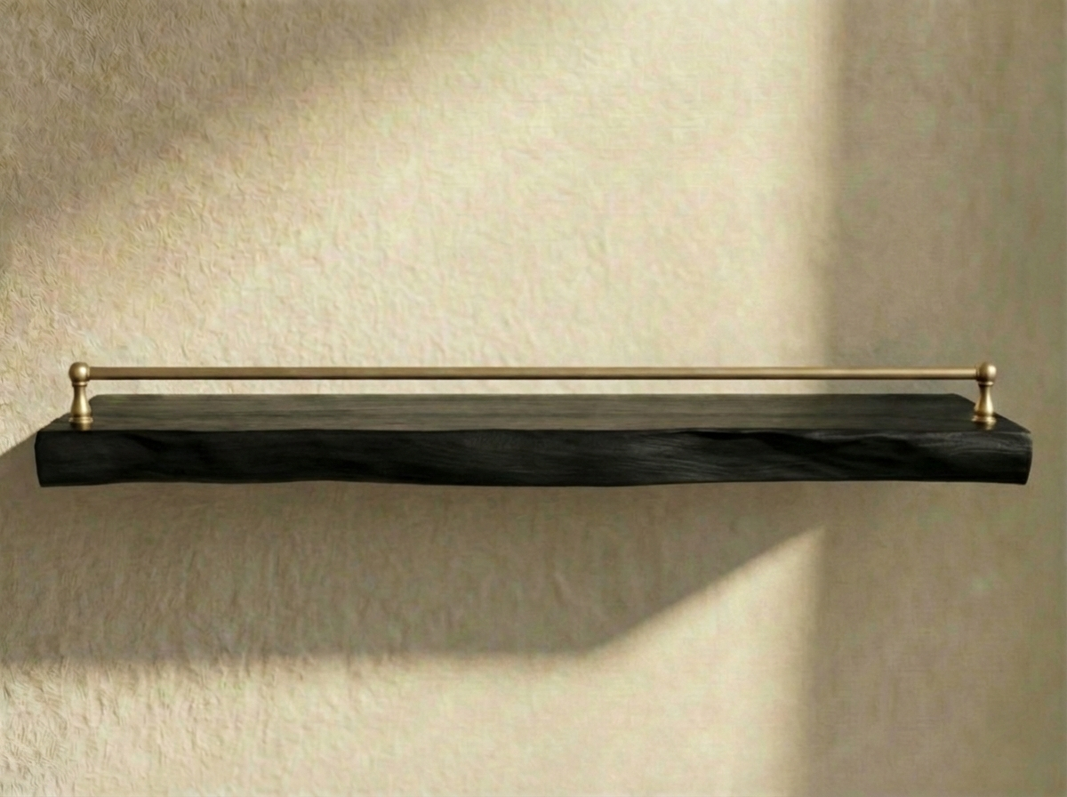 Solid Black Oak Live Edge Shelf with Gallery Rail