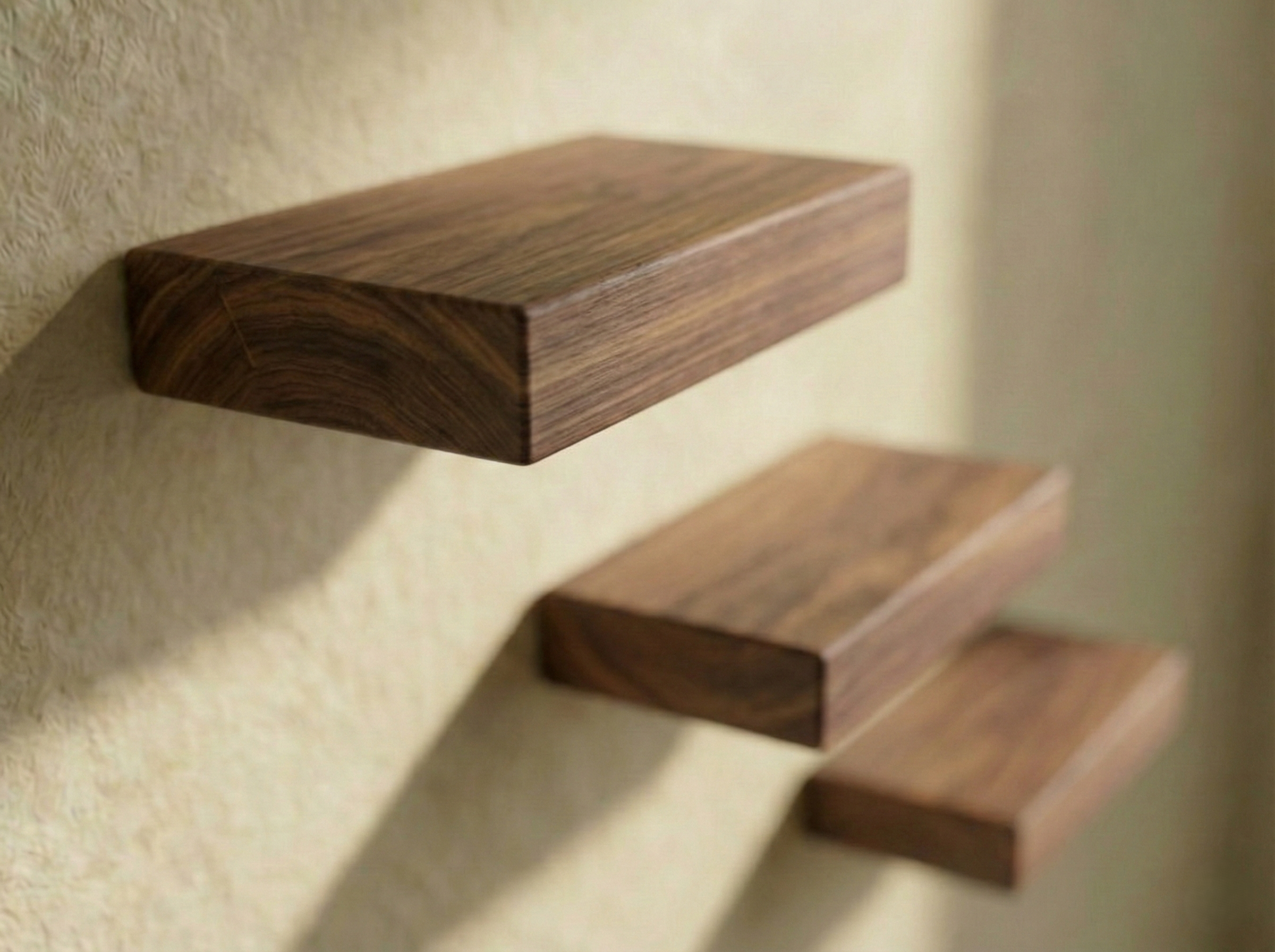 Set of three solid walnut floating shelves from The Mortise & The Hare, showcasing their sleek, minimalist design.