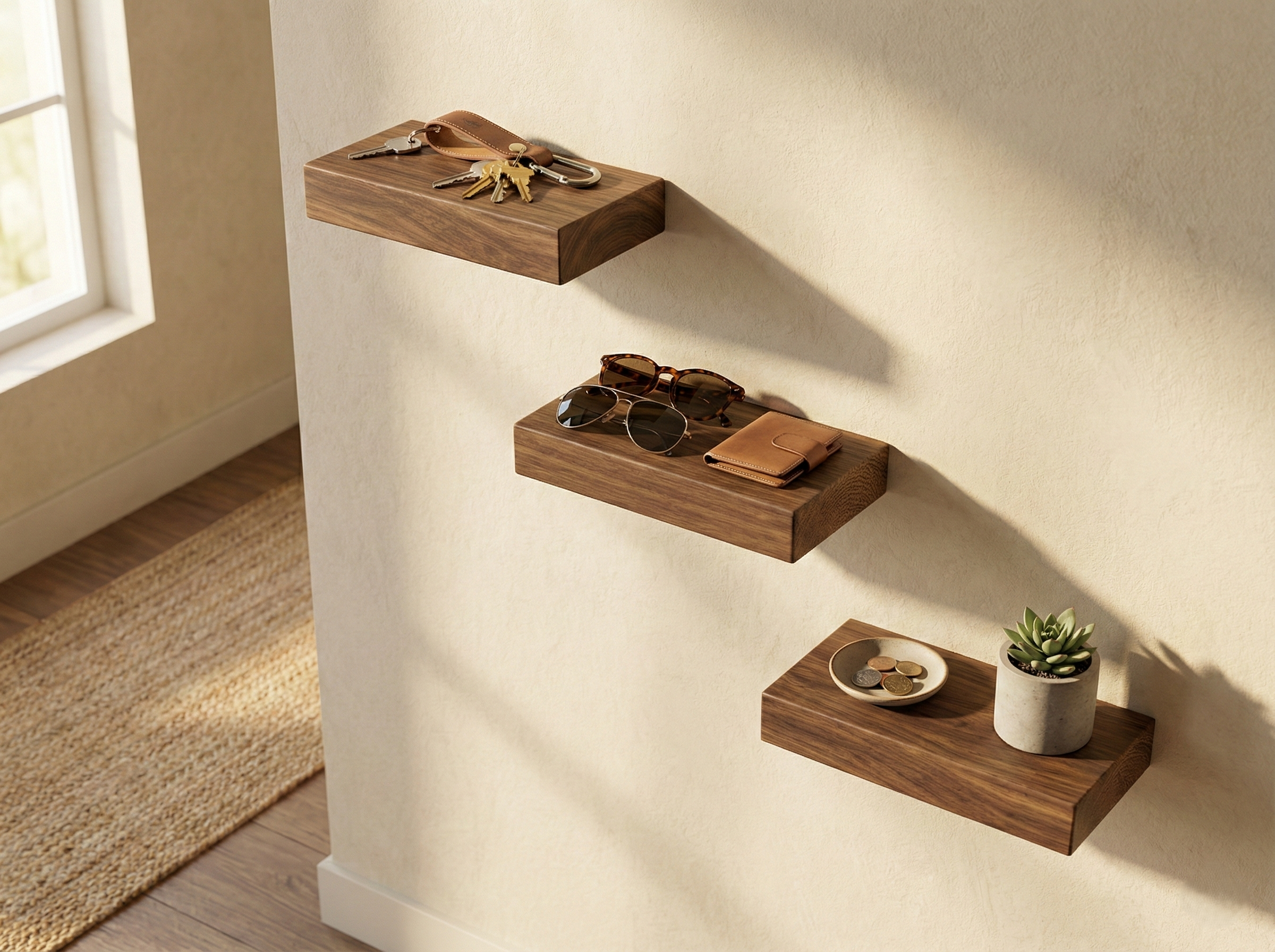Set of three solid walnut floating shelves from The Mortise & The Hare, showcasing sleek wall-mounted storage and display space.