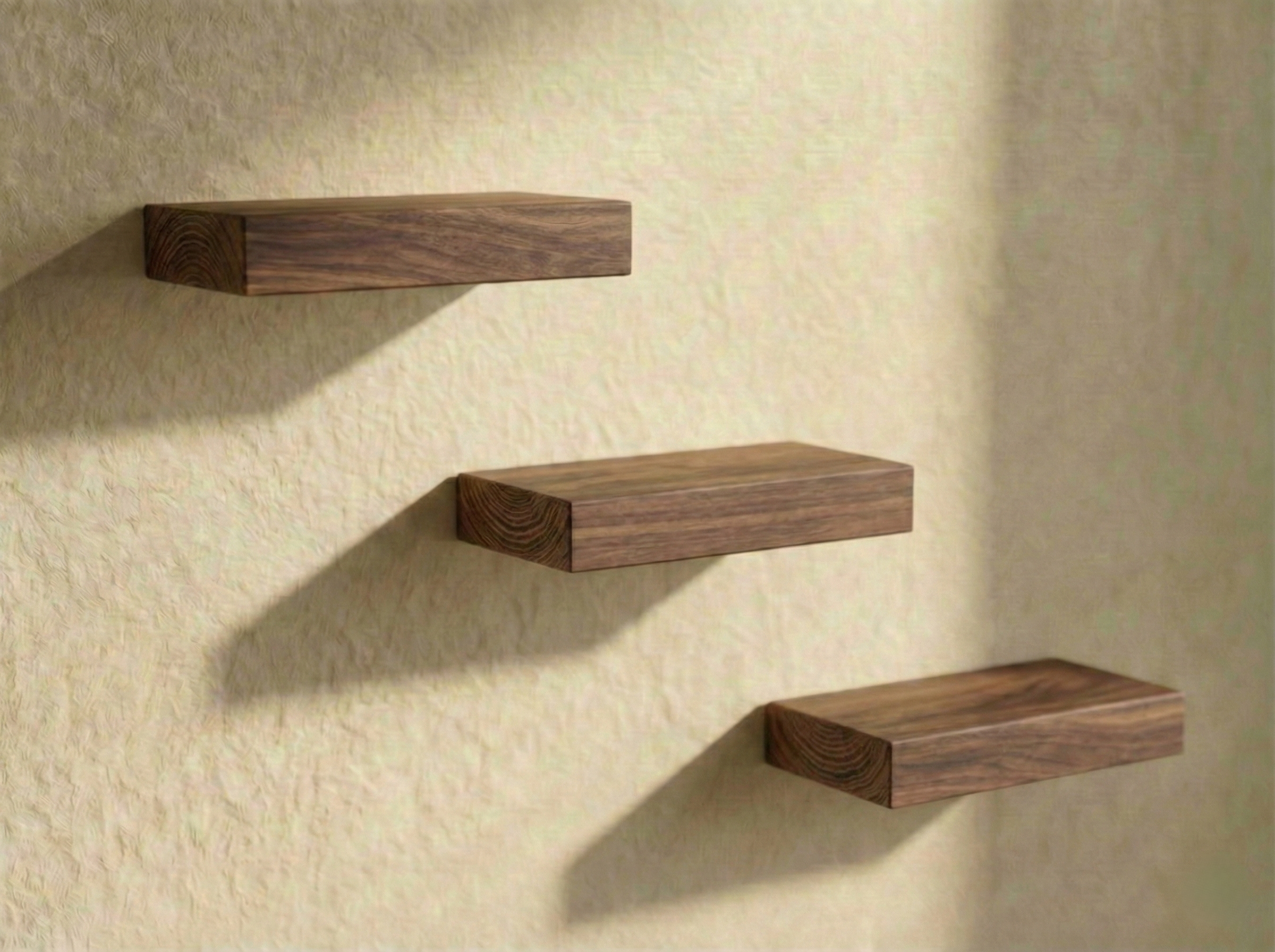 Set of three solid walnut floating shelves from The Mortise & The Hare, showcasing a minimalist, natural wood finish.