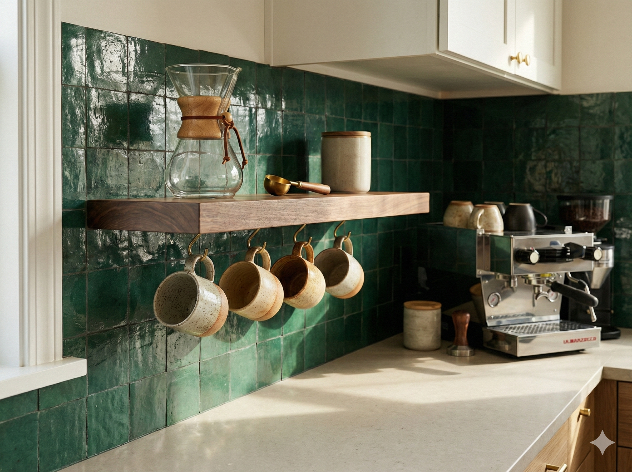 Kitchen with green tiled wall, wooden shelf, and coffee-making equipment.