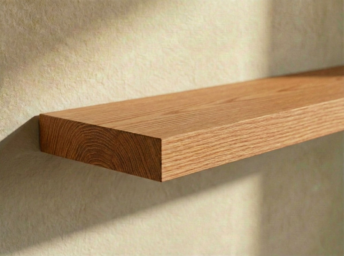 End grain view of a solid red oak floating shelf by Shelving, showcasing its rich color and natural wood texture.
