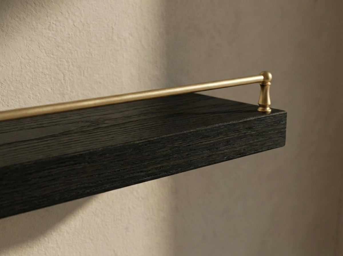 Solid black oak floating shelf by Shelving with gallery rail, ideal for displaying decor or photos in modern interiors.