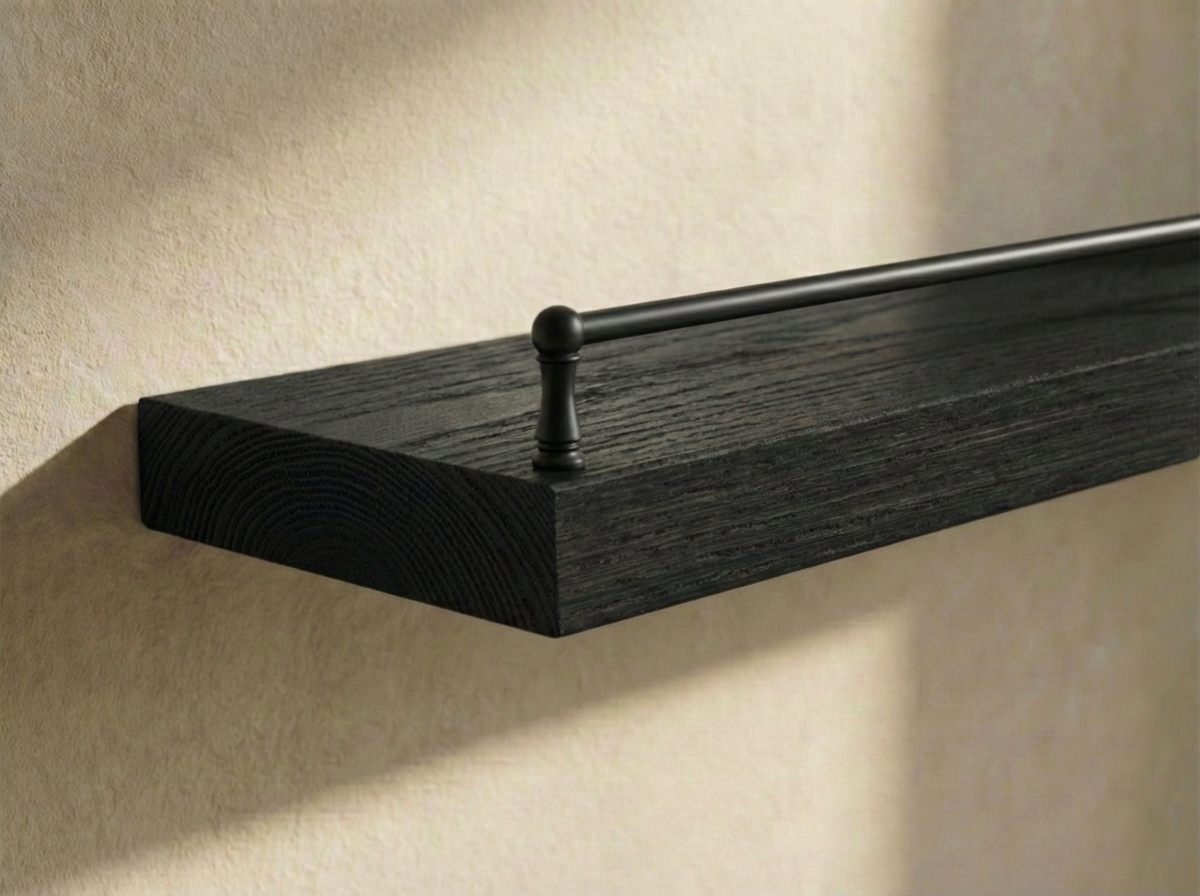 Solid black oak floating shelf with gallery rail from Shelving, showcasing a sleek, modern design for wall storage.