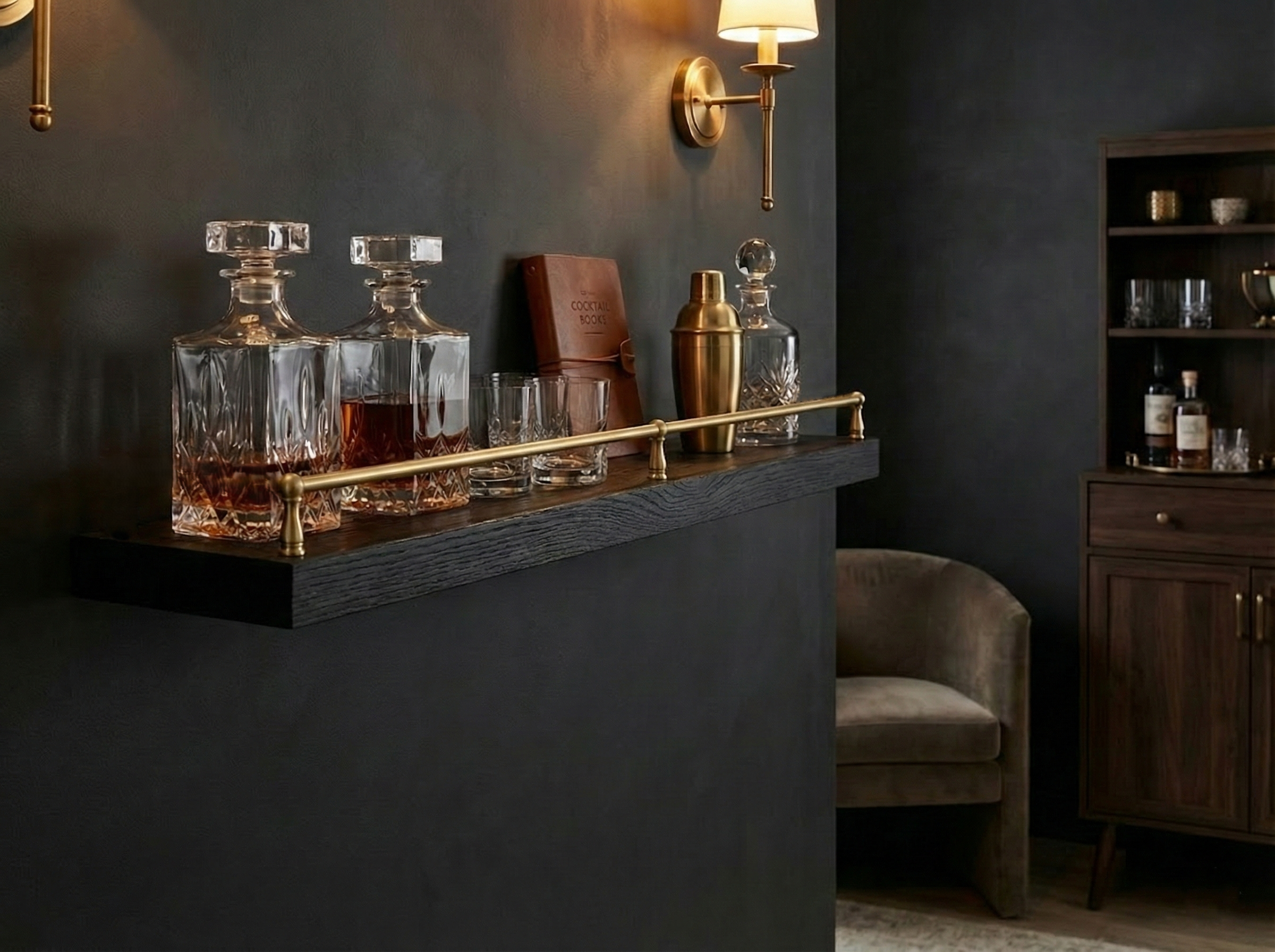 Solid black oak floating shelf with gallery rail, ideal for displaying items in a modern man cave or living space.