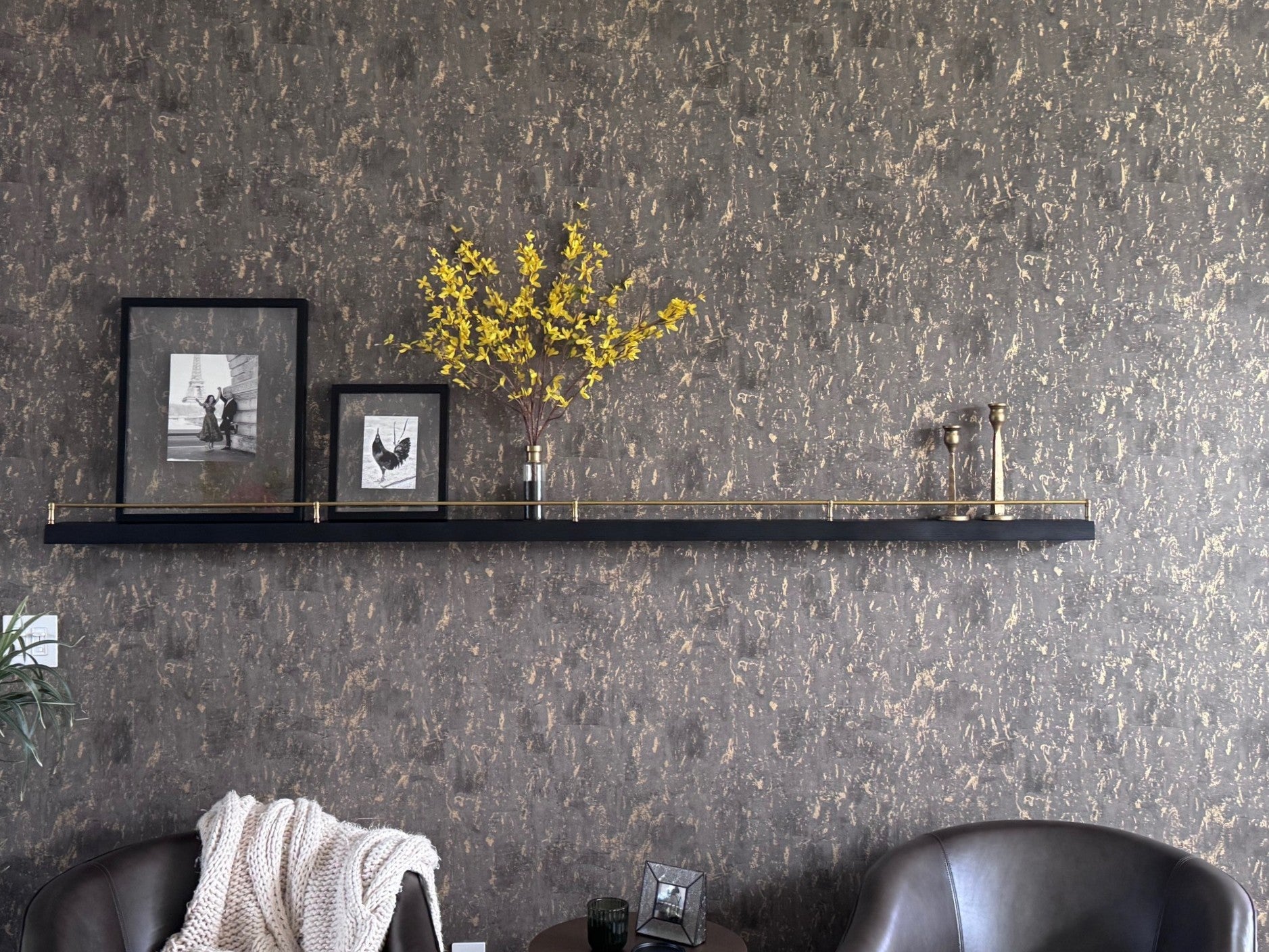 Solid black oak live edge shelf with gallery rail, showcasing natural wood grain and rustic design for wall display.