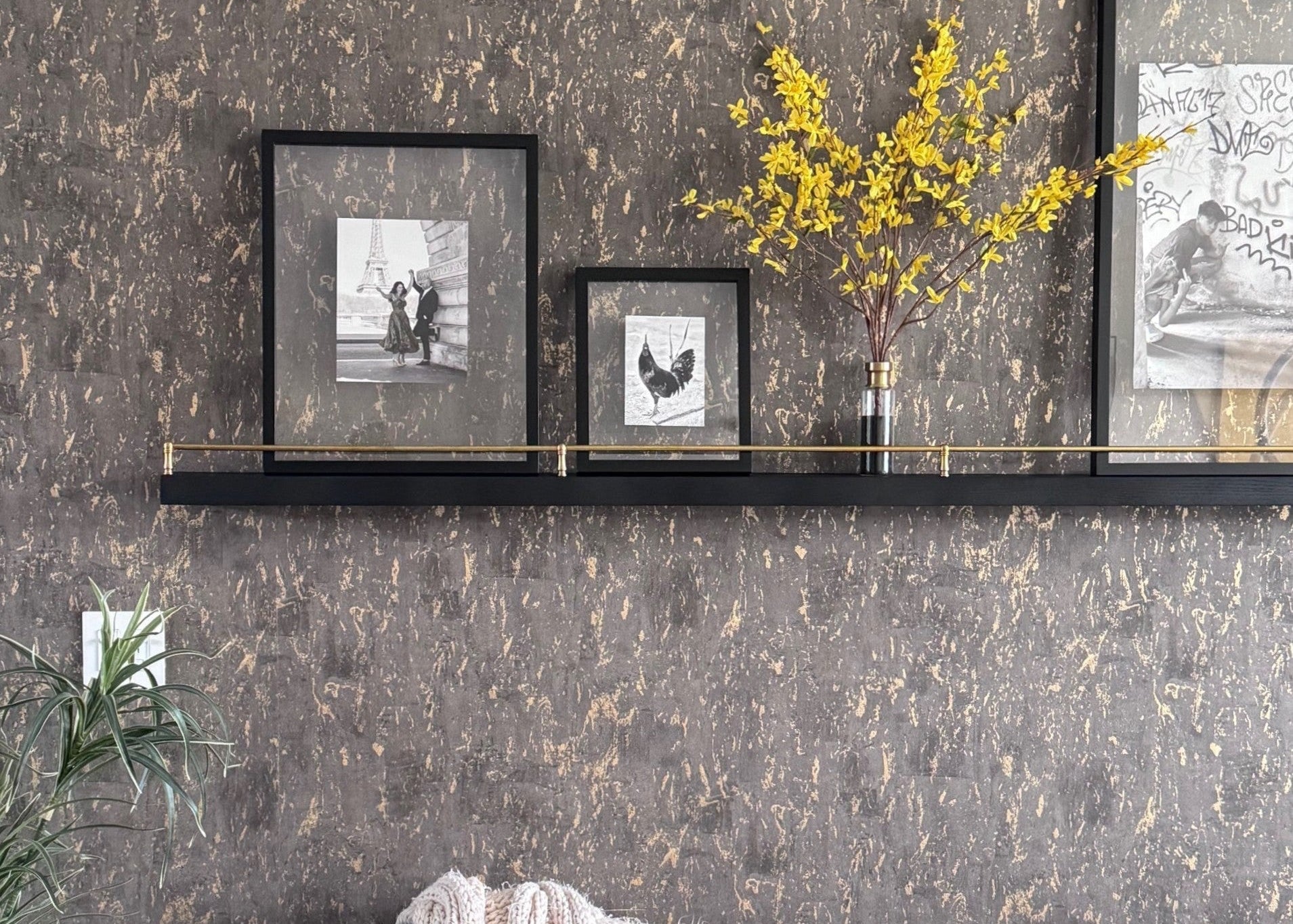 Solid black oak live edge shelf with gallery rail showcasing natural wood grain and unique edge details.