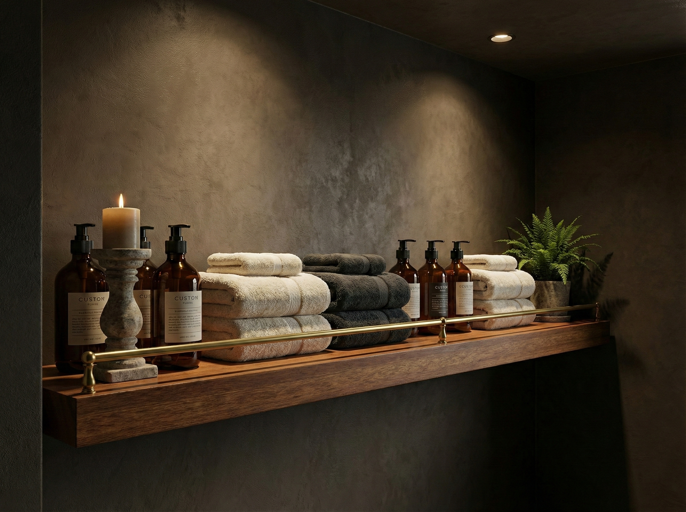 Solid mahogany floating shelf with a gallery rail, showcasing a rich wood grain design for stylish home decor.