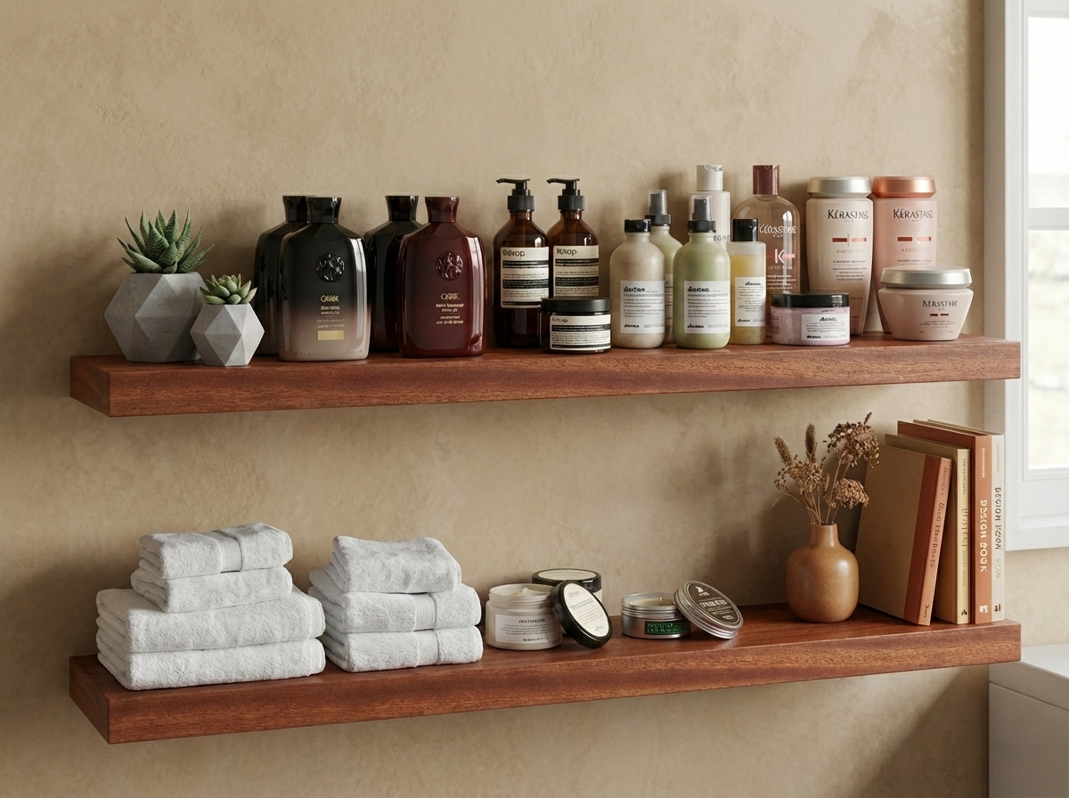 Solid mahogany floating shelf mounted on a wall, showcasing rich wood grain and sturdy design for home decor.