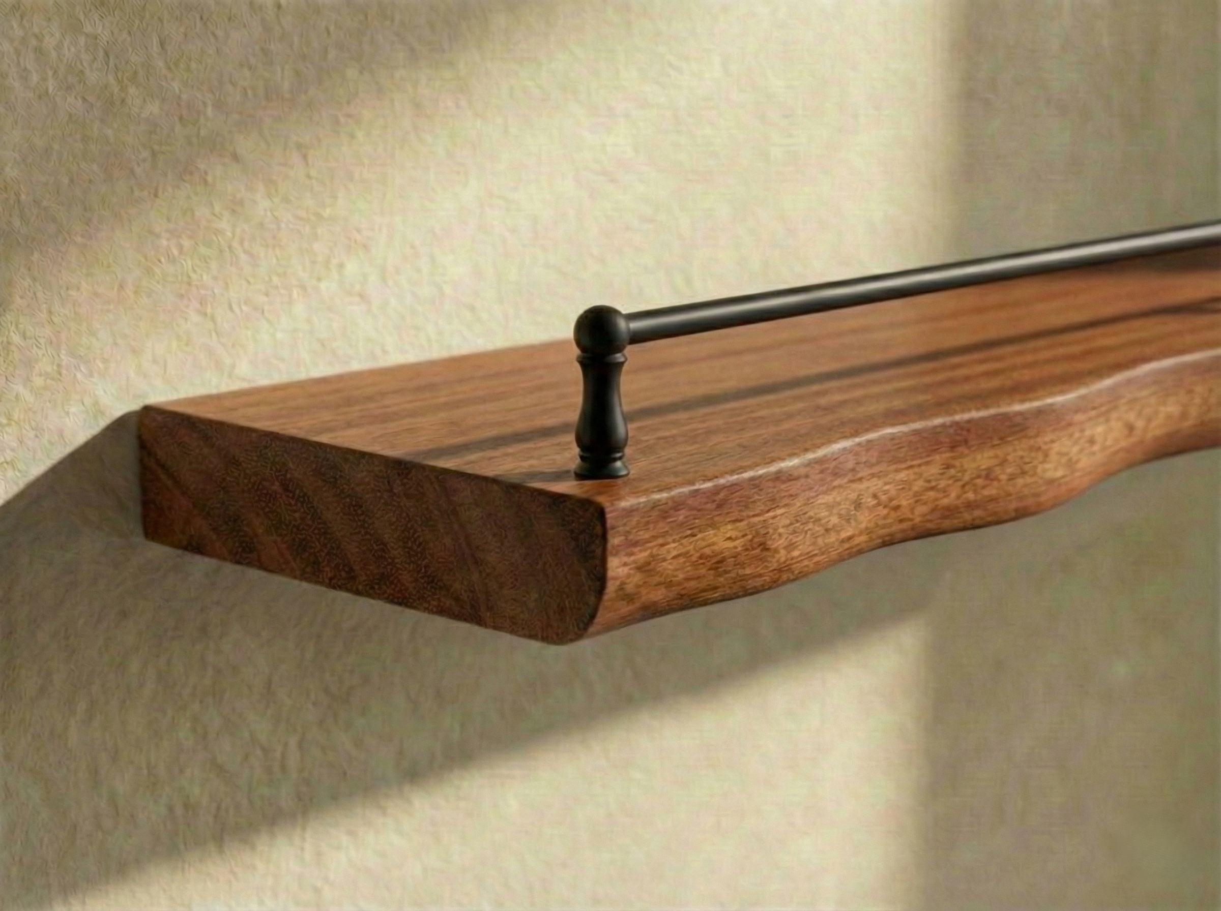 Solid mahogany live edge wall shelf with gallery rail, showcasing natural wood grain and sturdy construction for stylish storage.