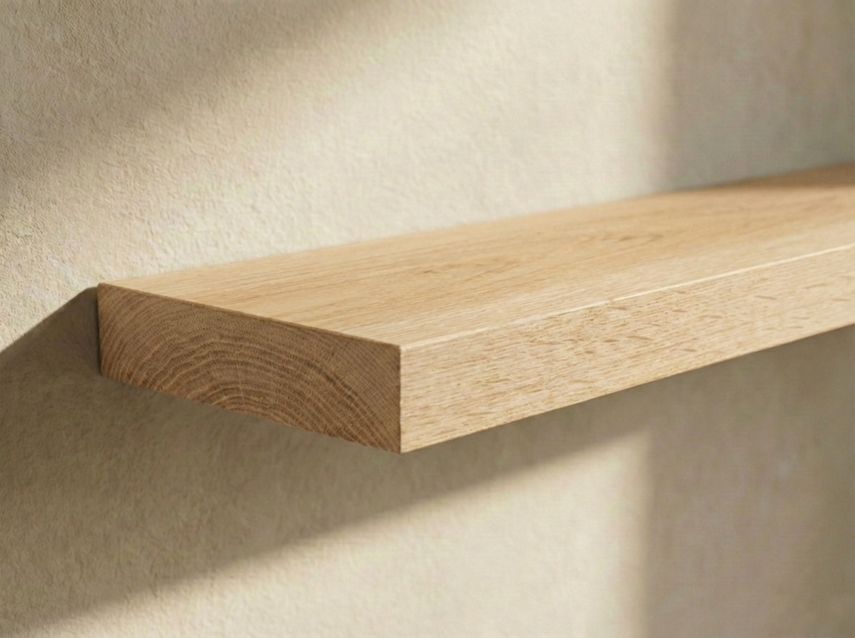 Solid white oak floating shelf from The Mortise & The Hare, showcasing fine grain and sleek design against a wall.