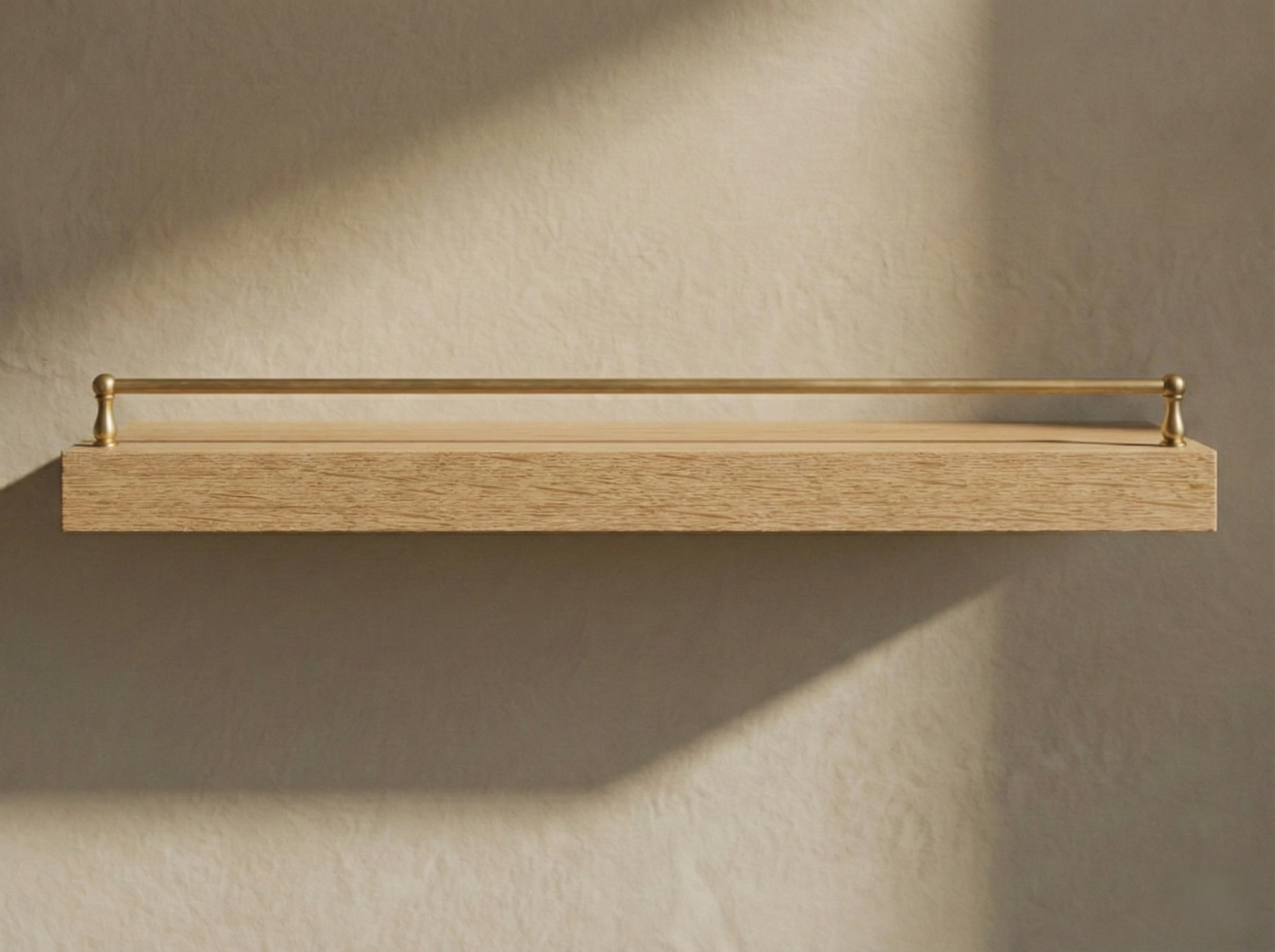 Solid white oak floating shelf with a gallery rail, showcasing a natural wood finish and sleek design by The Mortise & The Hare.