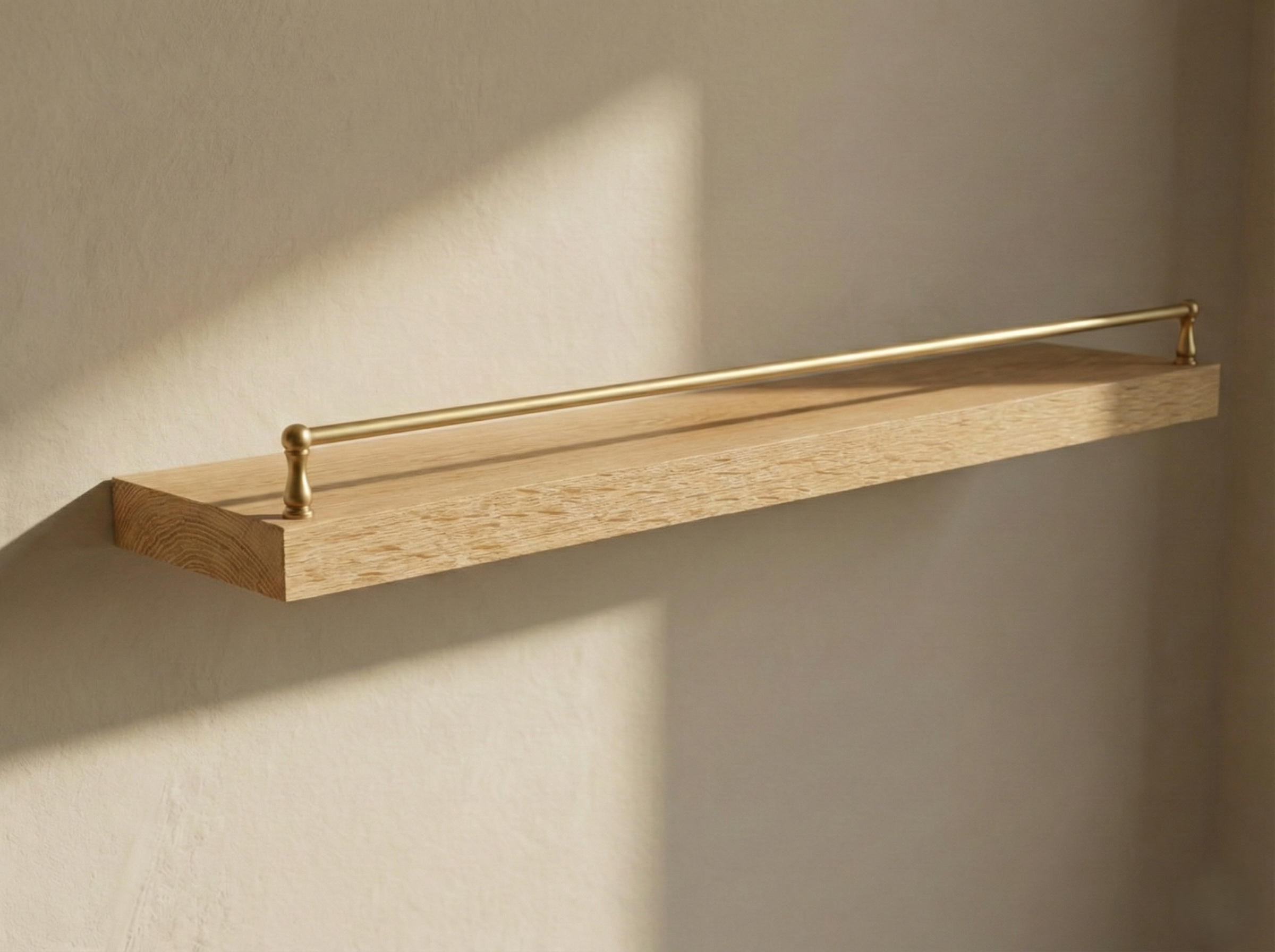 Solid white oak floating shelf with a gallery rail, showcasing a sleek design and natural wood grain detail.