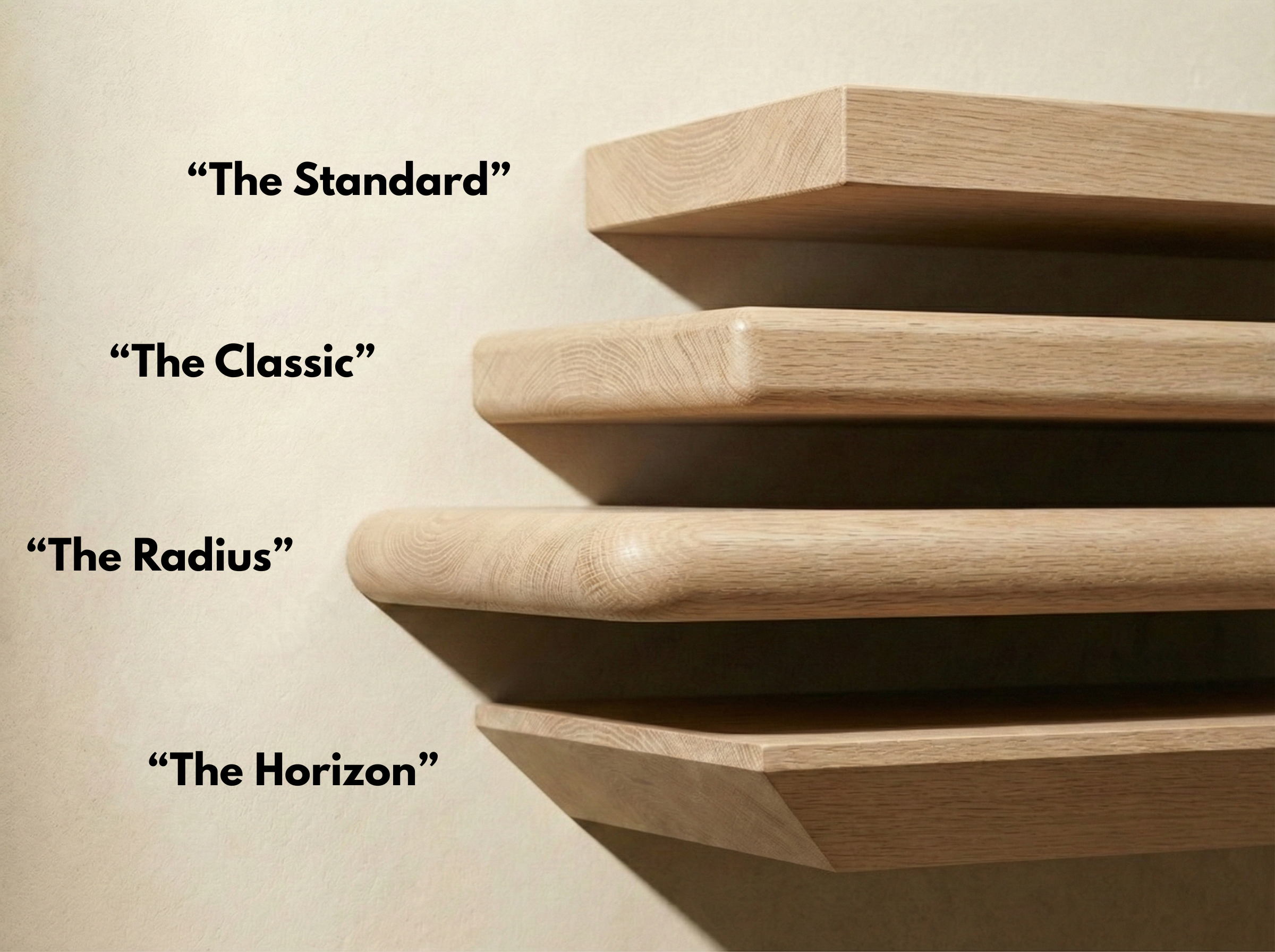 Solid white oak floating shelf with gallery rail, showcasing smooth edges and a natural finish by The Mortise & The Hare.