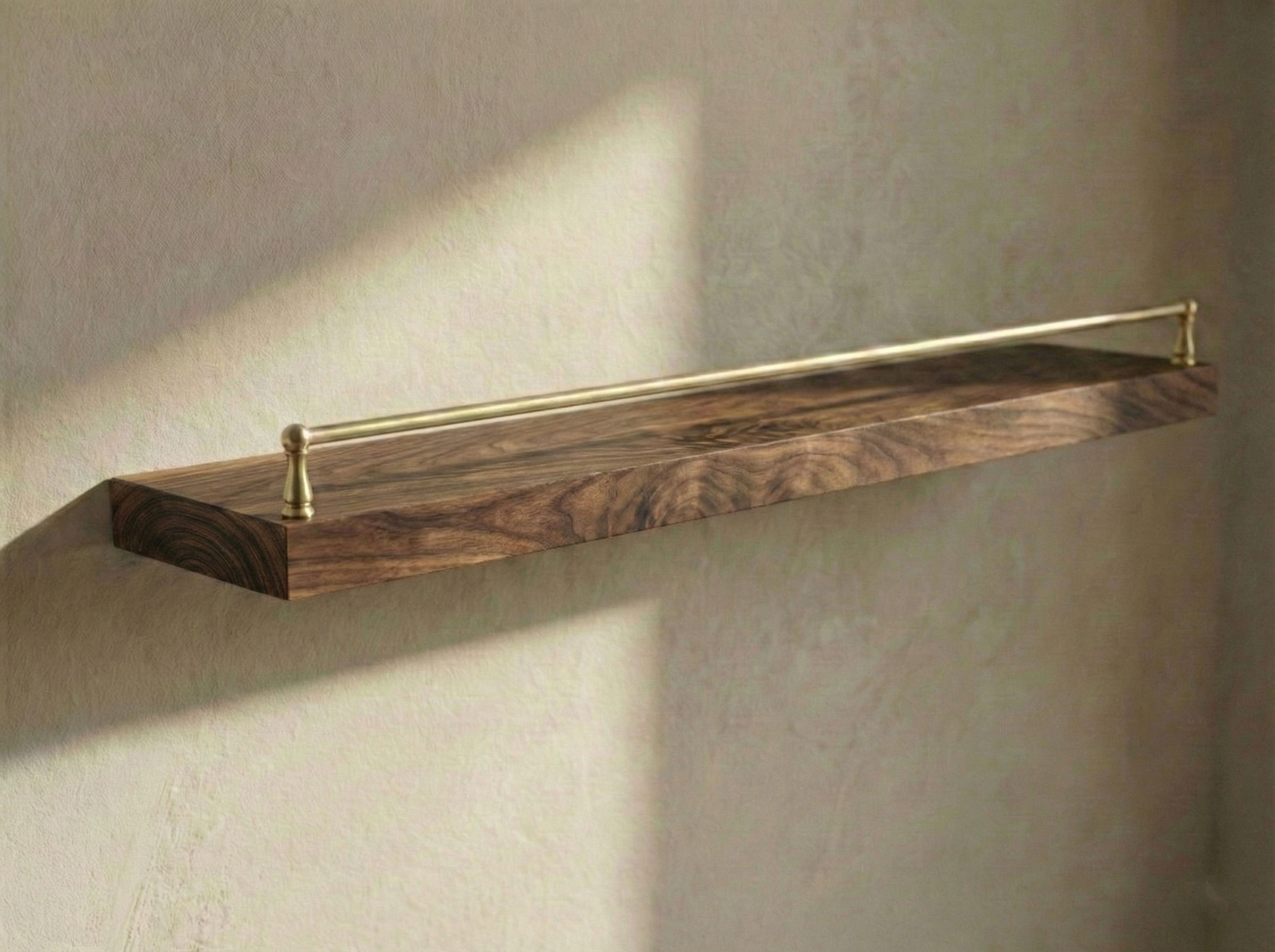 Solid walnut floating shelf with a gallery rail, showcasing a sleek design and rich wood grain texture.