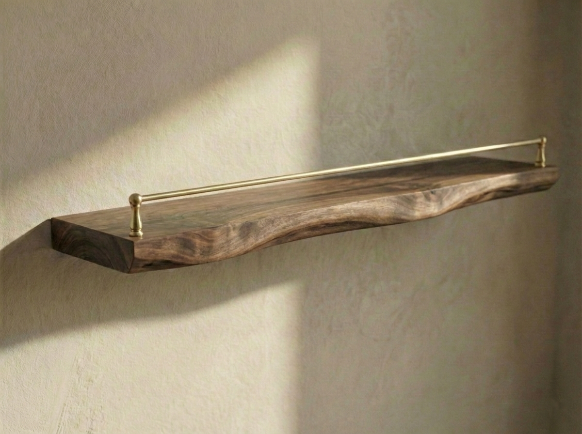 Solid walnut live edge floating shelf with a gallery rail, showcasing natural wood grain and rustic charm.