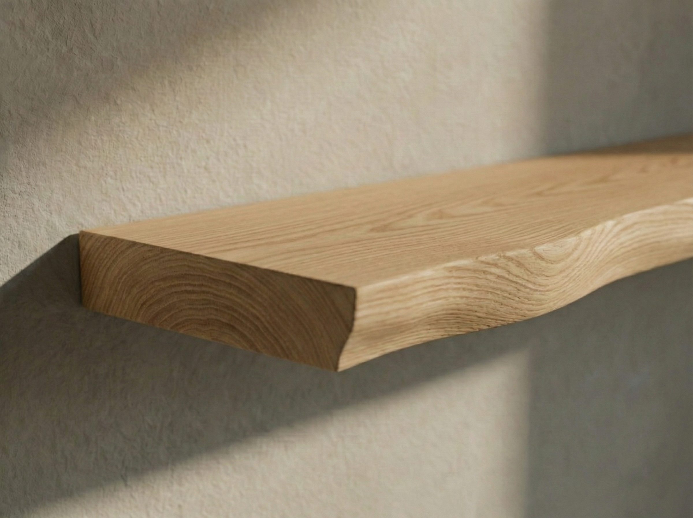 Solid white oak live edge floating shelf showcasing natural end grain texture and unique wood grain patterns.