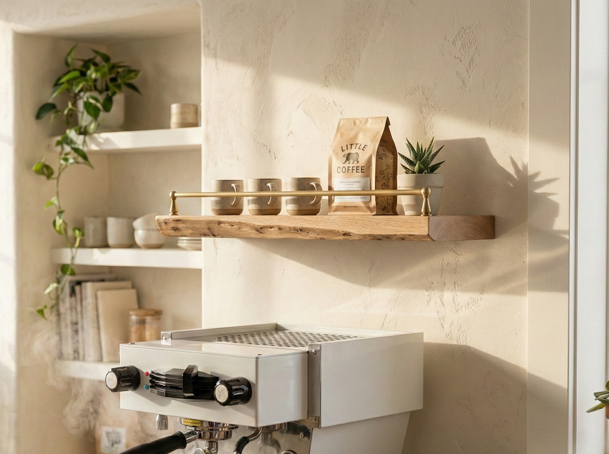 Solid white oak live edge floating shelf with gallery rail, showcasing natural wood grain and elegant design.