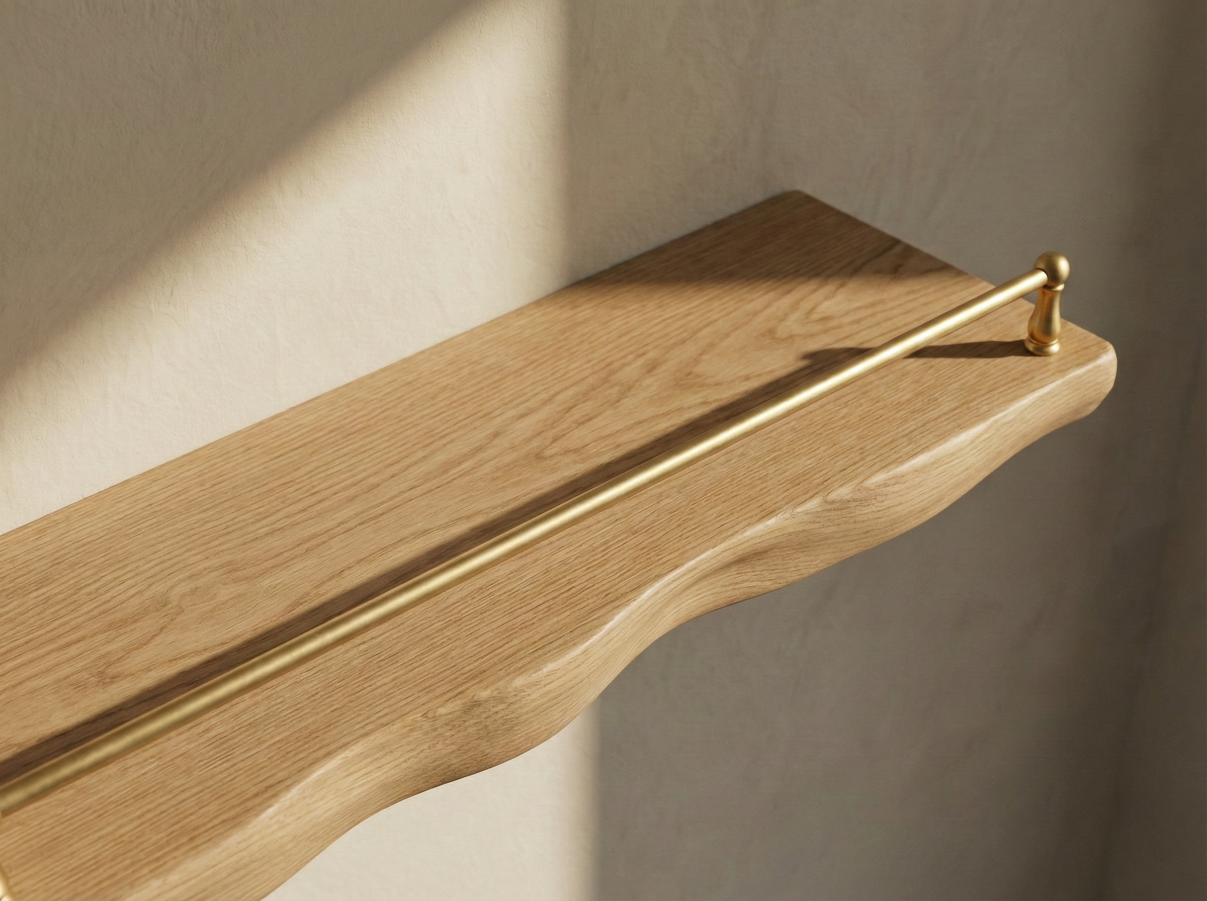 Solid white oak live edge floating shelf with gallery rail showcasing natural grain detail and rustic charm.