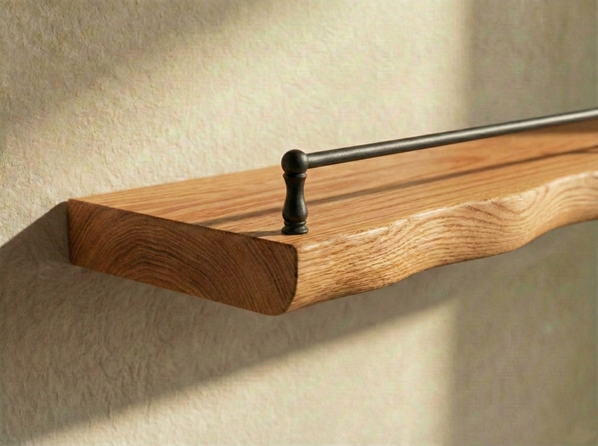 Solid red oak live edge floating shelf with gallery rail, wall-mounted shelving from The Mortise & The Hare, natural wood finish.