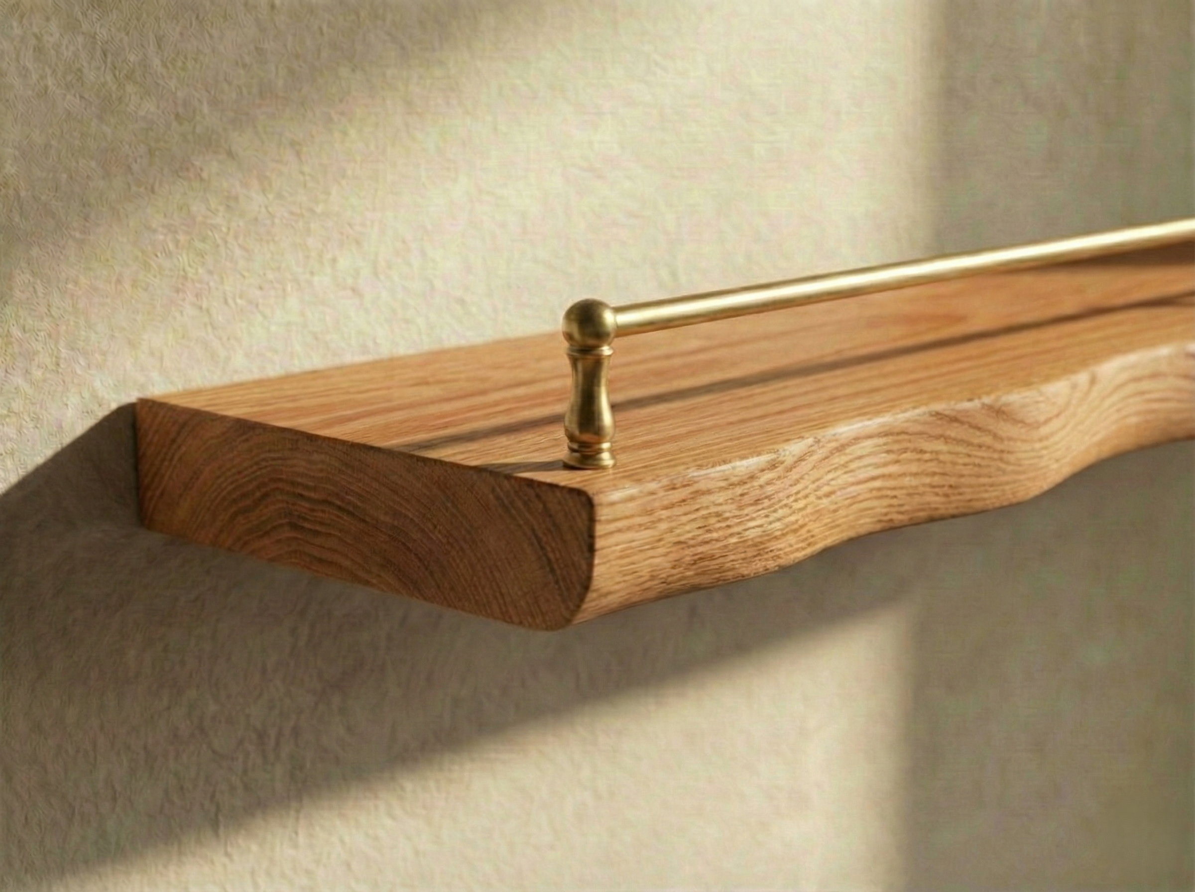 Solid red oak live edge floating wall shelf with gallery rail, from The Mortise & The Hare furniture collection.