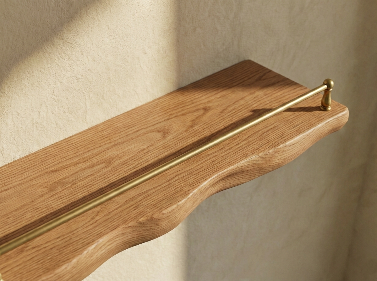 Solid red oak live edge floating shelf with gallery rail, wall-mounted shelving by The Mortise & The Hare, natural wood finish.