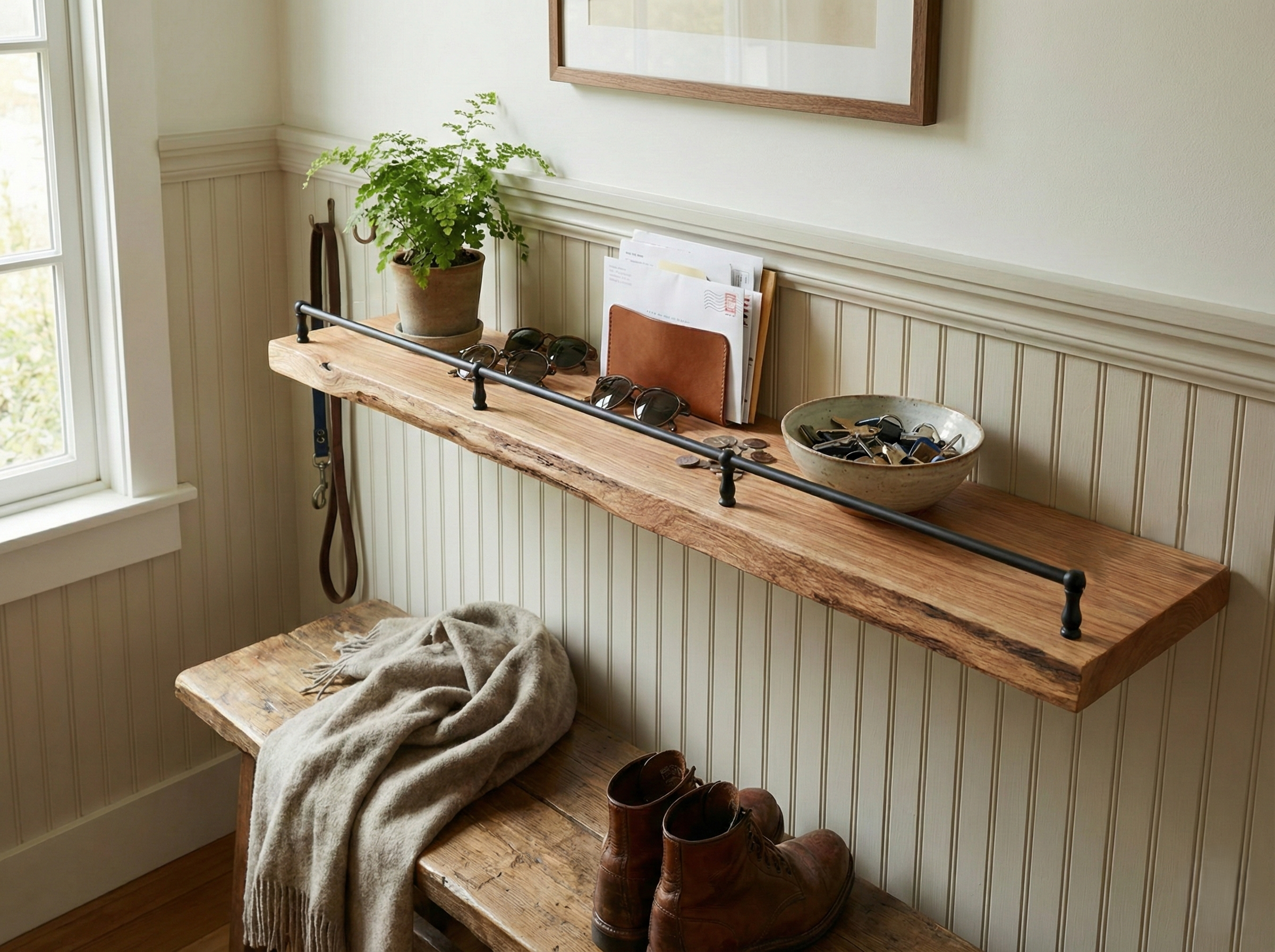 Solid red oak live edge floating shelf with a gallery rail, showcasing natural wood grain and rustic charm for wall decor.