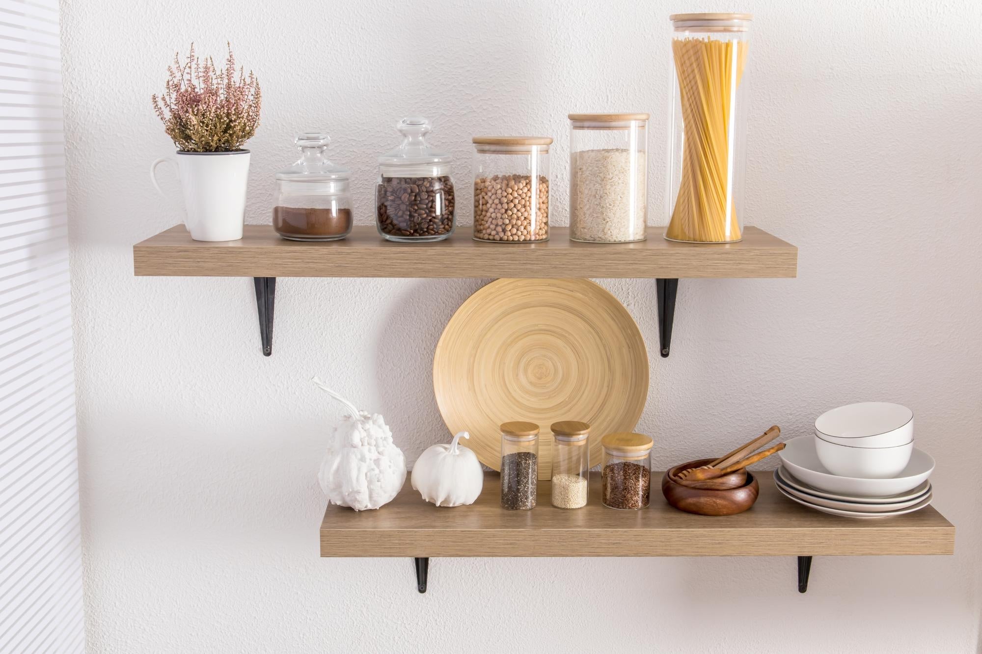 Architectural Floating Shelves in Modern White Kitchen