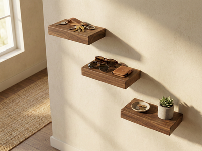 Set of three solid walnut floating shelves from The Mortise & The Hare, showcasing sleek, minimalist design for modern home decor.