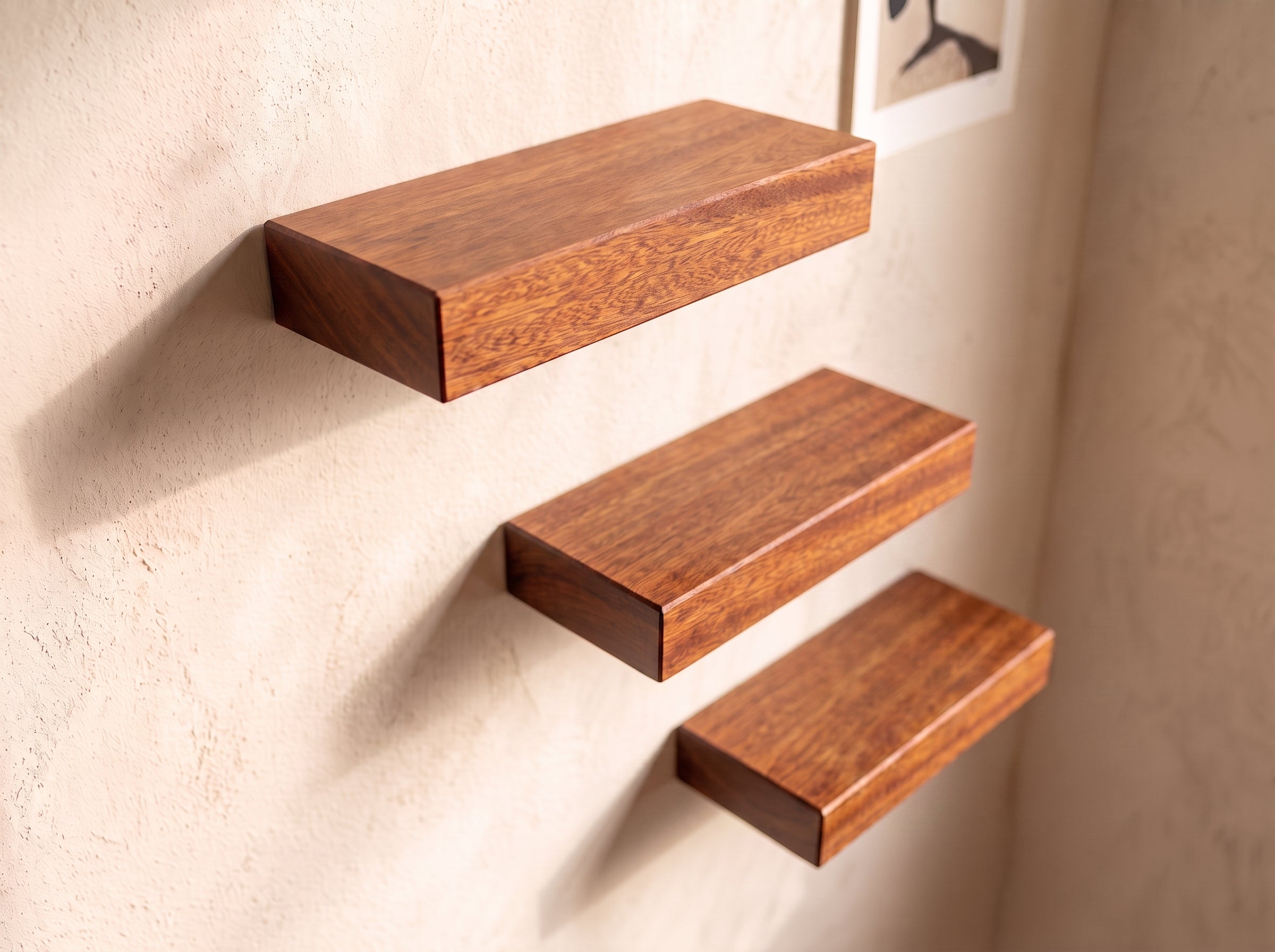 Three floating wooden shelves in a warm medium-brown finish mounted on a textured beige plaster wall.