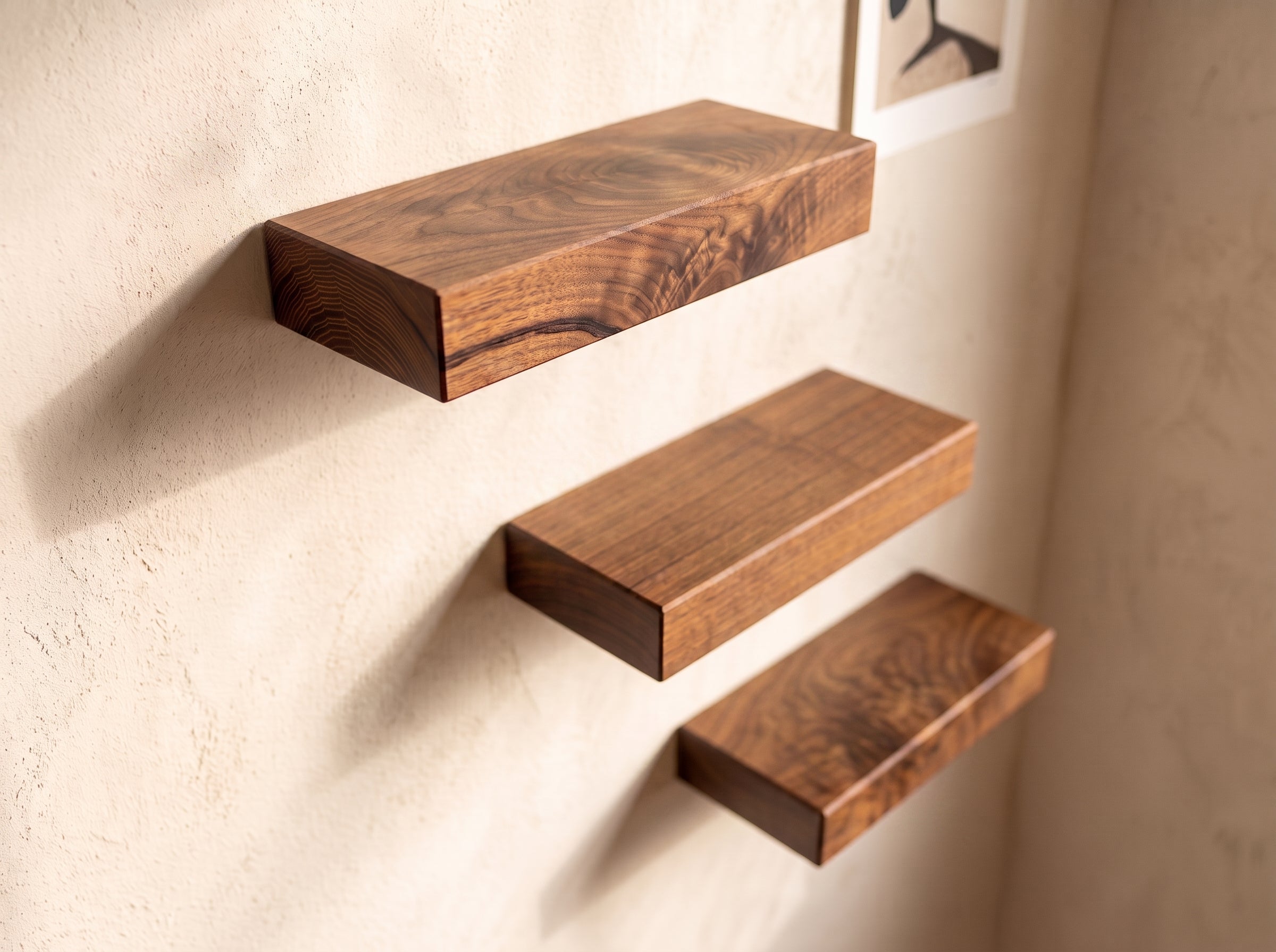 Three floating wooden floating shelves with a rich dark brown wood grain, mounted on a textured beige plaster wall.