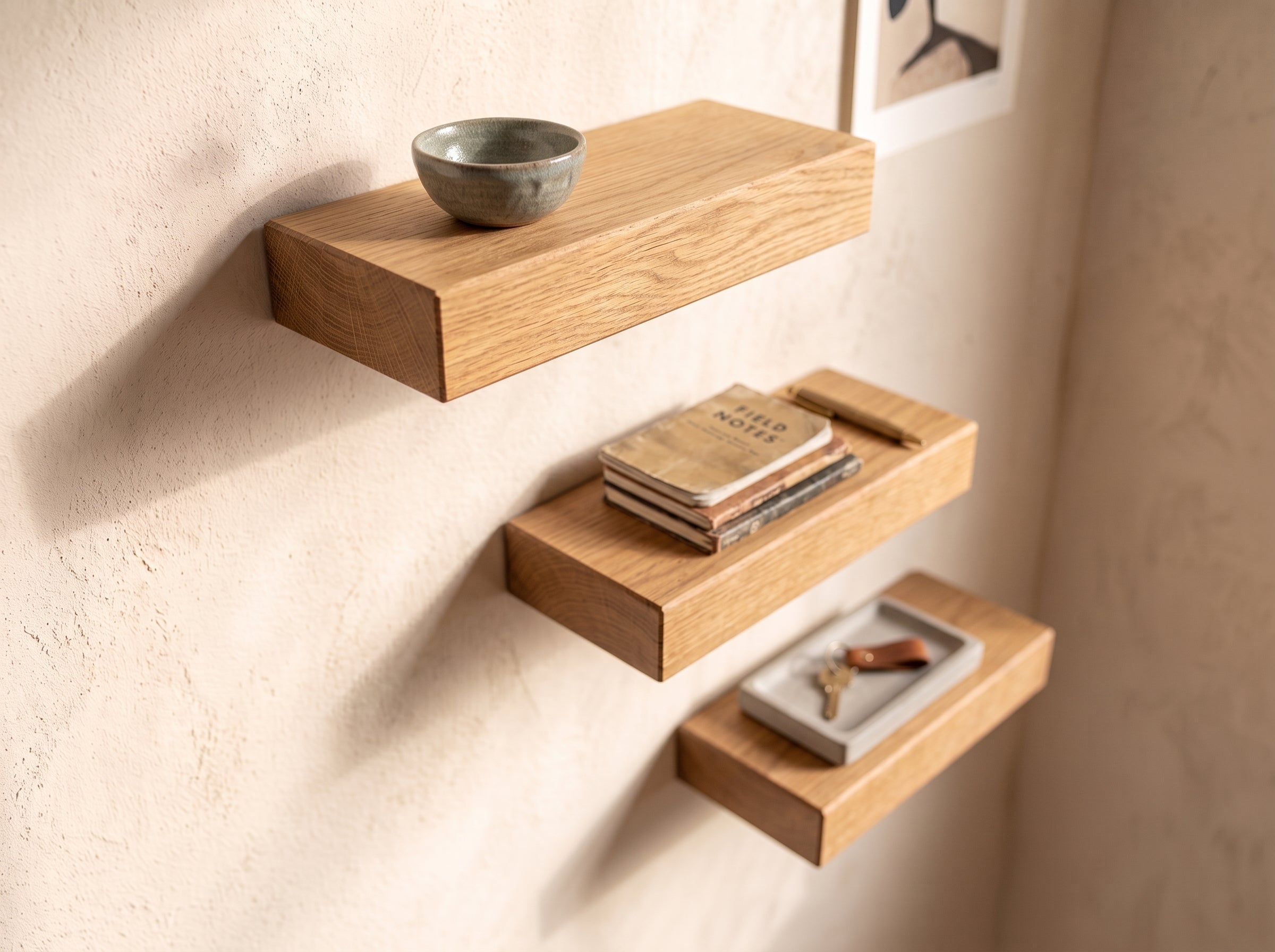 Three floating wooden wall shelves mounted on a textured beige plaster wall, styled with a small ceramic bowl, a stack of books, and a small tray with keys.