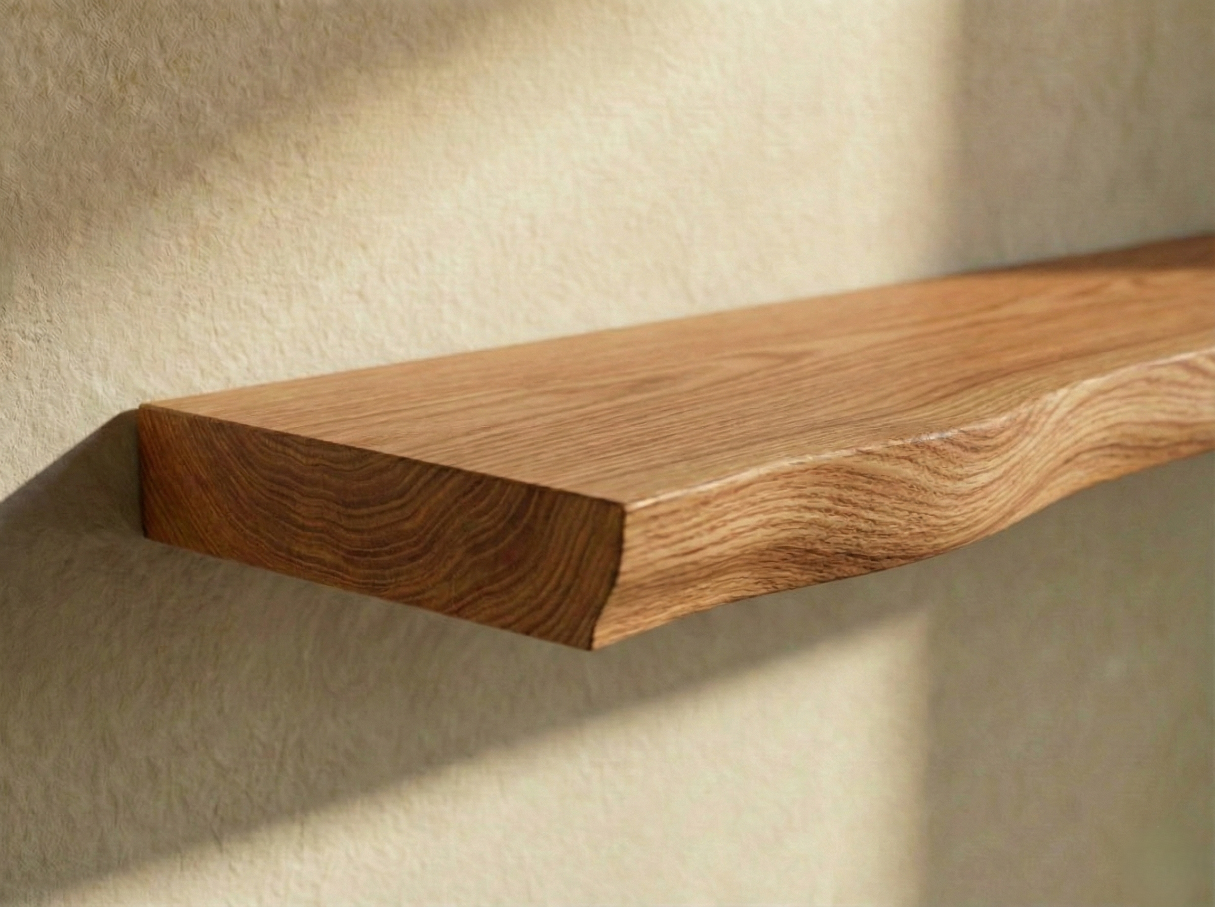 Solid red oak live edge floating shelf showcasing natural grain and wood texture, perfect for home decor.