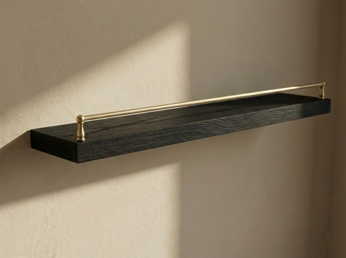 Black Shelf Rails Custom Black Oak Solid Hardwood Floating Shelf w/ Rail - Made in USA ...