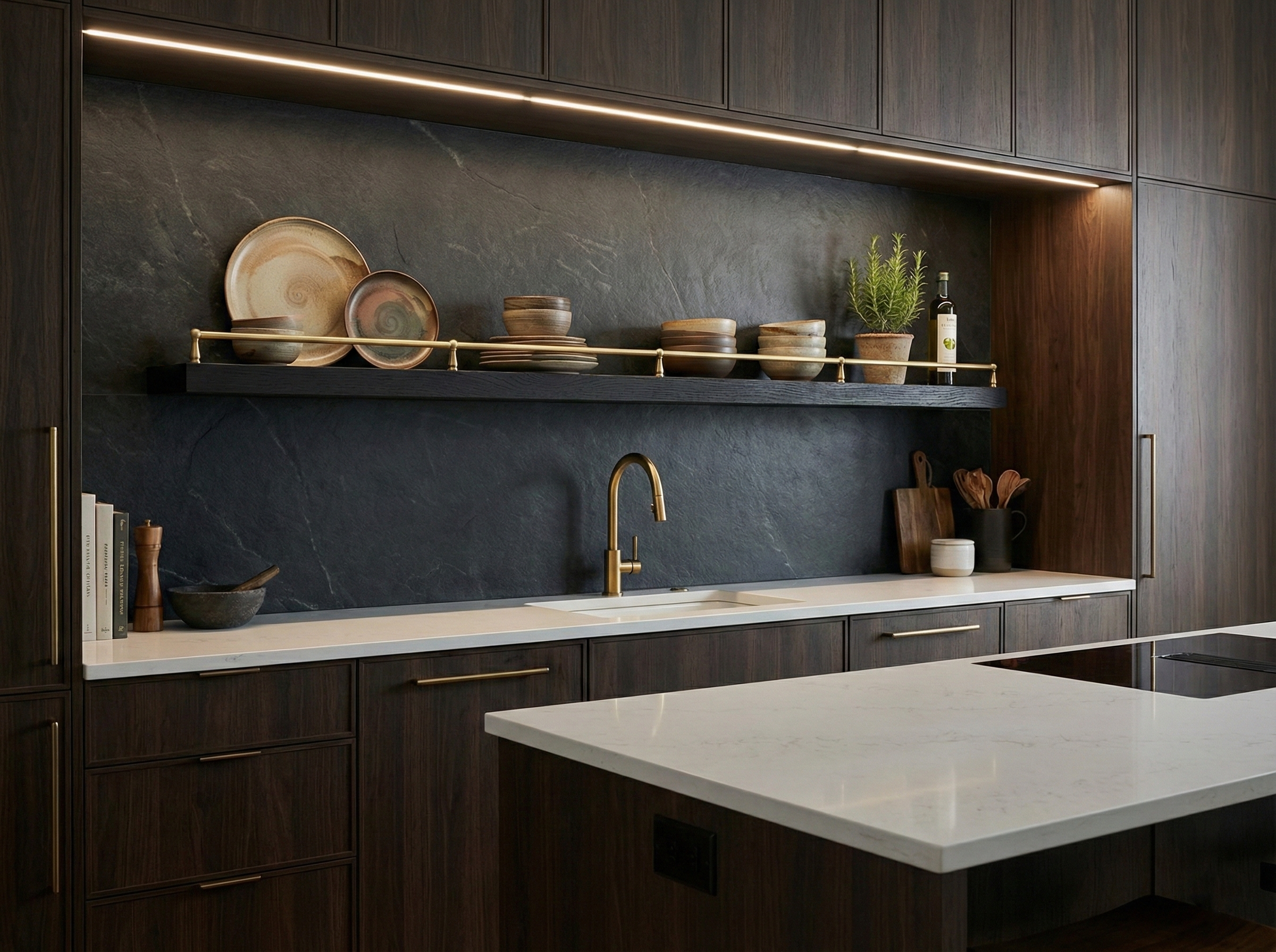 Black oak hardwood sample from The Mortise & The Hare, showcasing a solid black oak floating shelf with gallery rail.