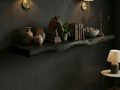 Solid black oak live edge floating shelf by Shelving, showcasing natural wood grain and unique edge design.