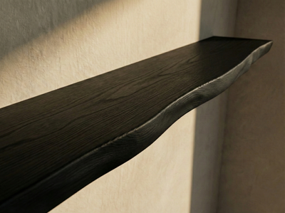 Solid black oak live edge floating shelf with sleek design and natural wood grain, ideal for modern home decor.