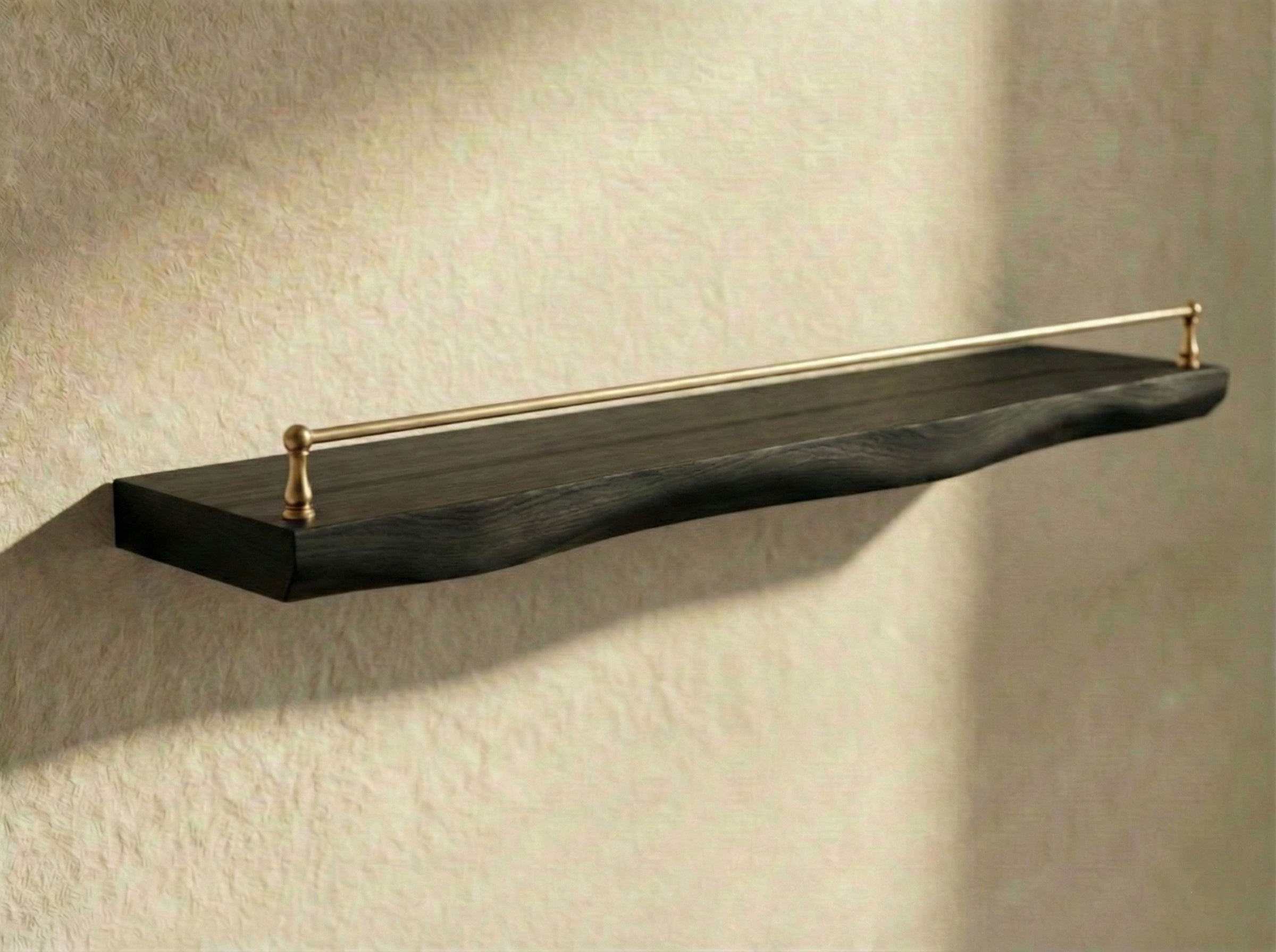 Solid Black Oak Live Edge Shelf with Gallery Rail - Thumbnail 5