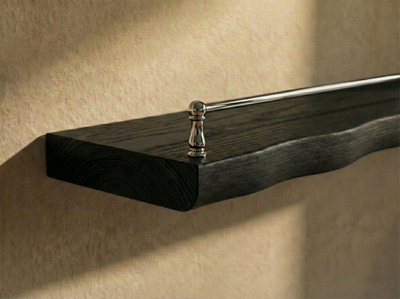 Solid black oak live edge shelf with gallery rail, natural wood grain and sleek design, perfect for stylish storage or display.
