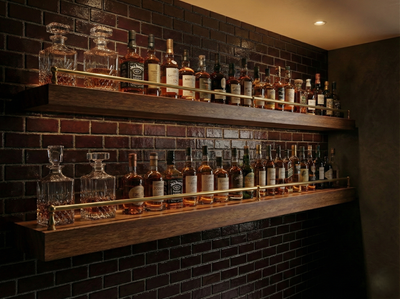 Solid mahogany floating shelf with gallery rail from Shelving, featuring 12-inch width, 4-inch depth, and 1.75-inch height.