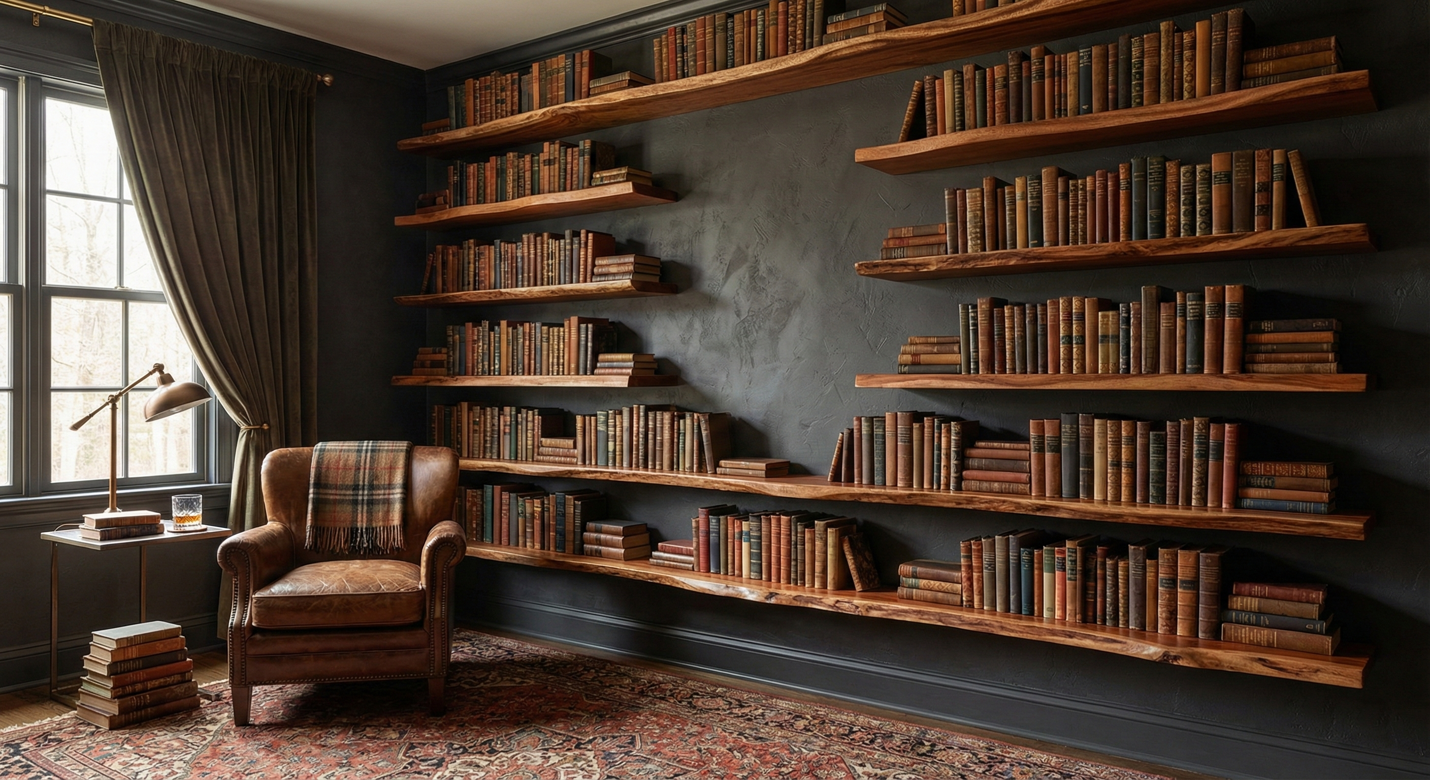 Solid mahogany live edge floating shelf showcasing natural wood grain and unique contours, perfect for home decor.