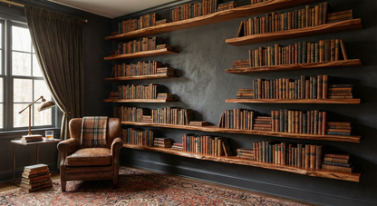 Solid mahogany live edge floating shelf showcasing natural wood grain and unique contours, perfect for home decor.