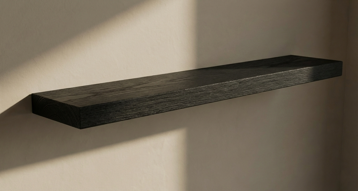 Solid black oak floating shelf from Shelving, showcasing a sleek, modern design against a white wall.