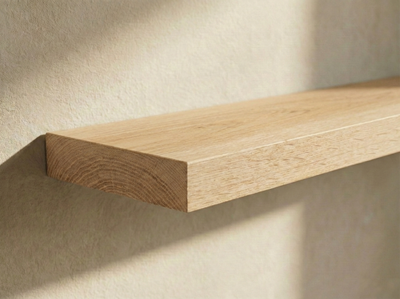 Solid white oak floating shelf by The Mortise & The Hare mounted on a wall, showcasing its sleek, minimalist design.