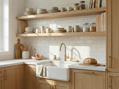 Solid white oak floating shelf by The Mortise & The Hare, showcasing its sleek, natural wood finish and minimalist design.