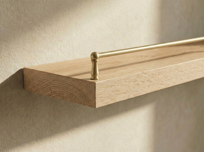 Solid white oak floating shelf with gallery rail by The Mortise & The Hare, showcasing natural wood grain and sleek design.