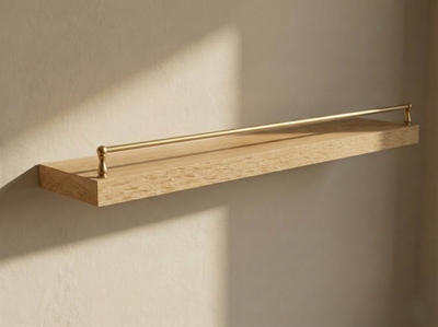 Solid white oak floating shelf with gallery rail by The Mortise & The Hare, featuring a sleek design and natural wood finish.