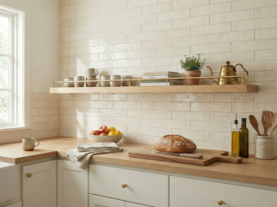 Solid white oak floating shelf with gallery rail by The Mortise & The Hare, showcasing a sleek, modern design for wall storage.