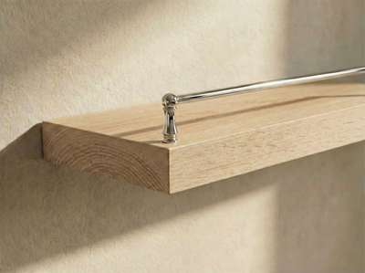 Solid white oak floating shelf with gallery rail by The Mortise & The Hare, showcasing a sleek, modern wall-mounted storage solution.